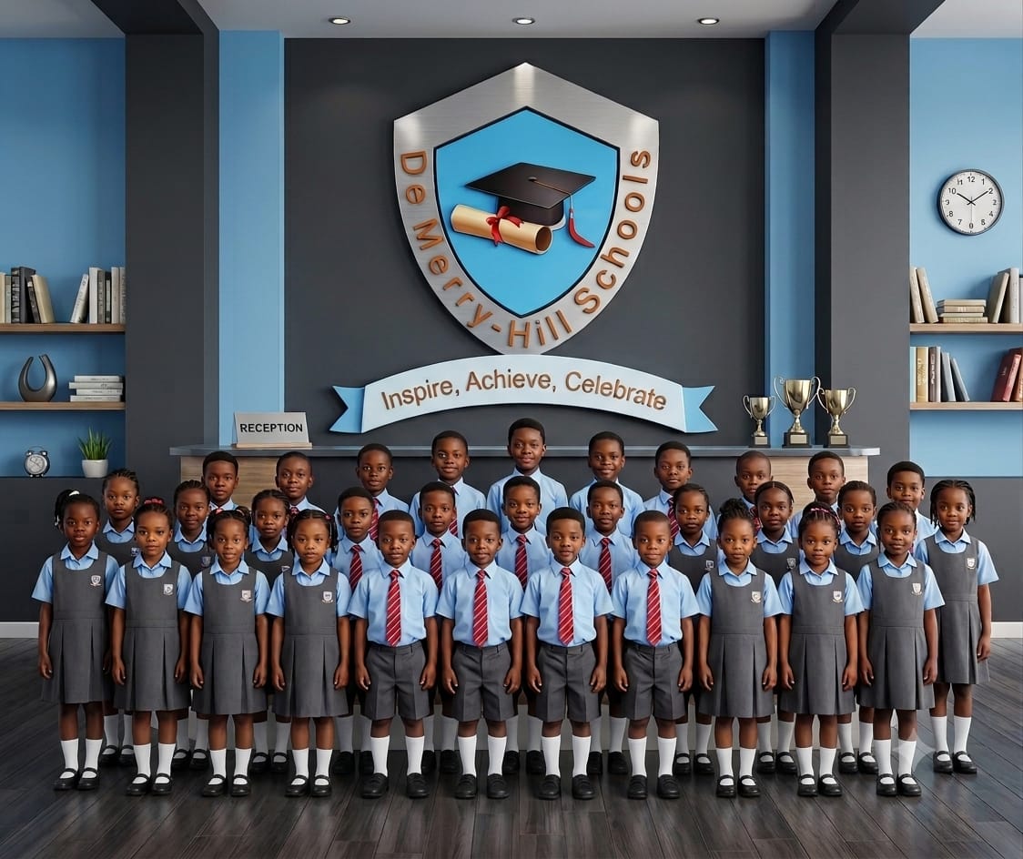 Pupils in uniform at the school logo wall